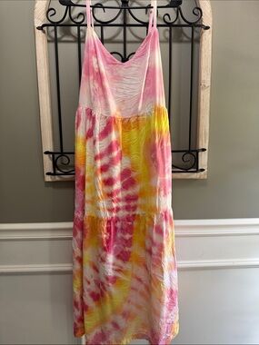 Old Navy Pink & Yellow Tie-Dye Spaghetti-Strap Maxi Dress L Summer colorful